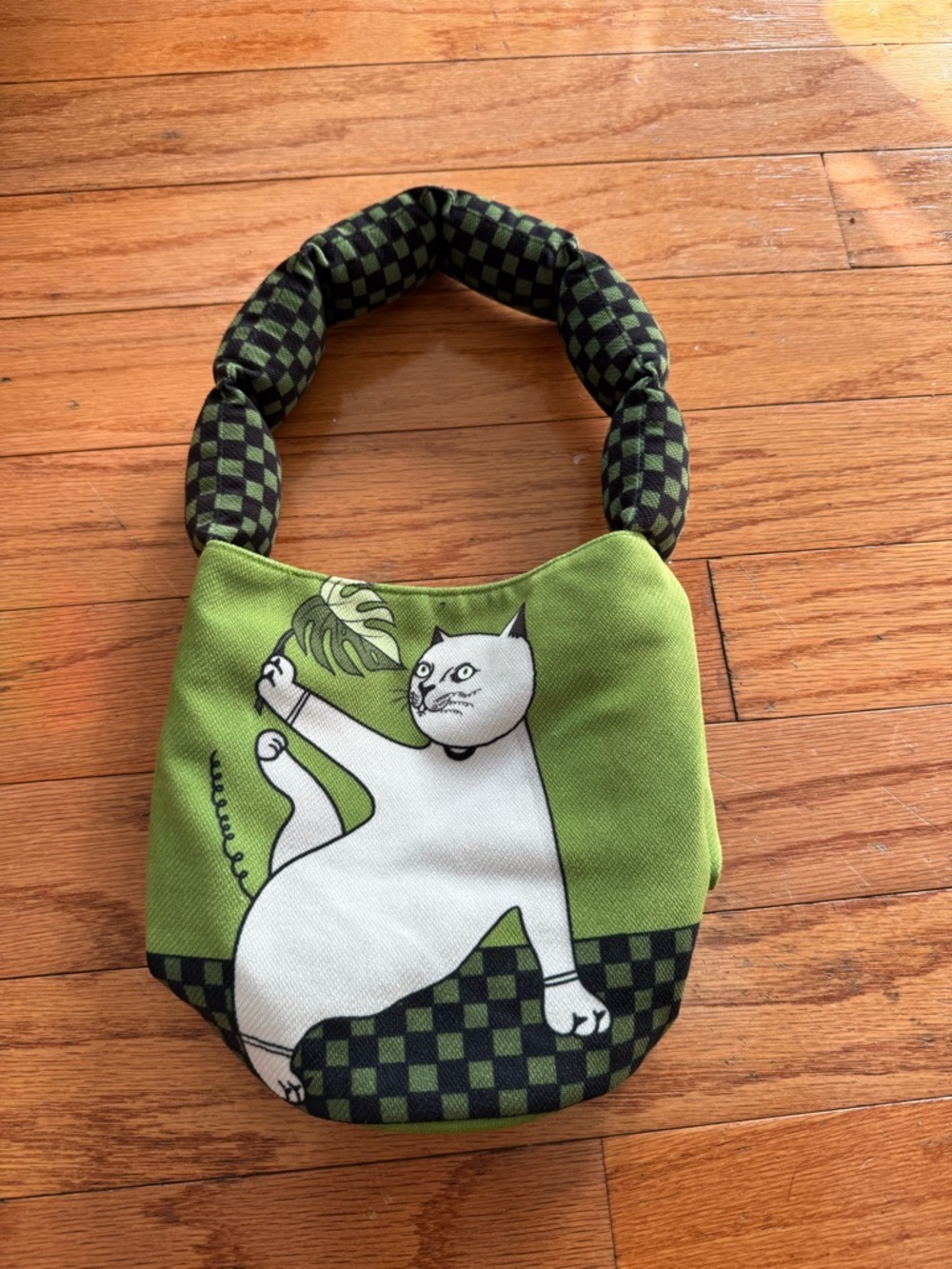 Green Cat Print Canvas Handbag - Picture 2 of 3